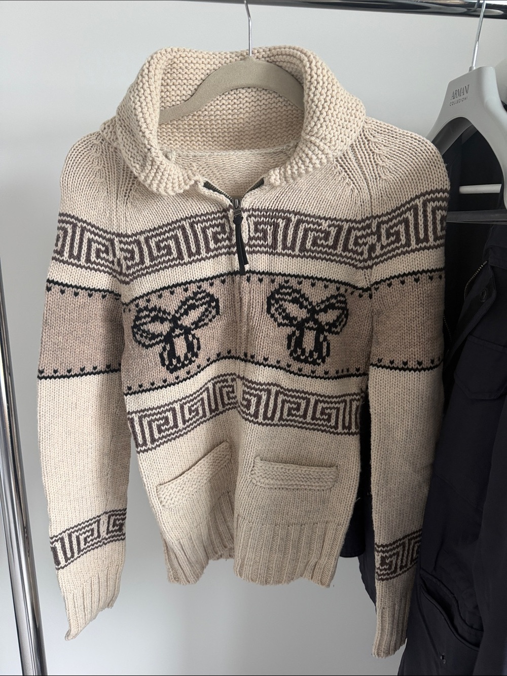 TNA Cream and Brown Knit Zip-Up Cardigan Sweater